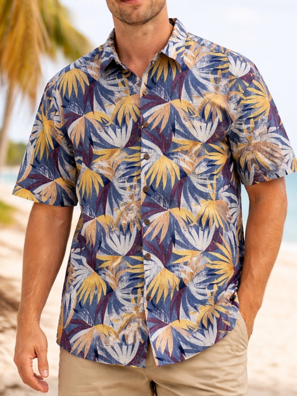 Vintage Hilo Hattie Palm Graphic Button Down Hawaiian Shirt Blue Yellow XL EUC